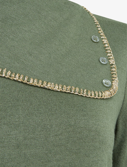 Pull fin à col fantaisie à revers - Kaki - 3