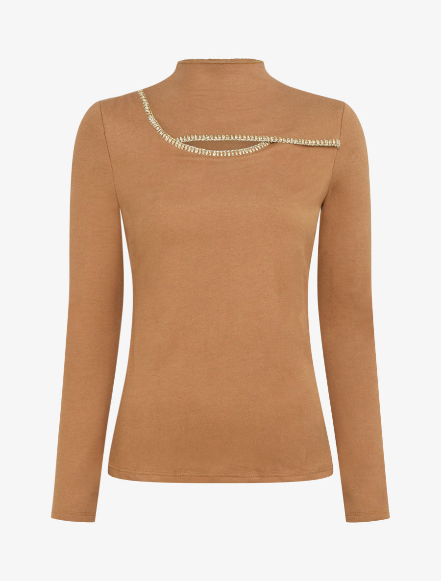 Pull ajouré à col montant - Camel - 1