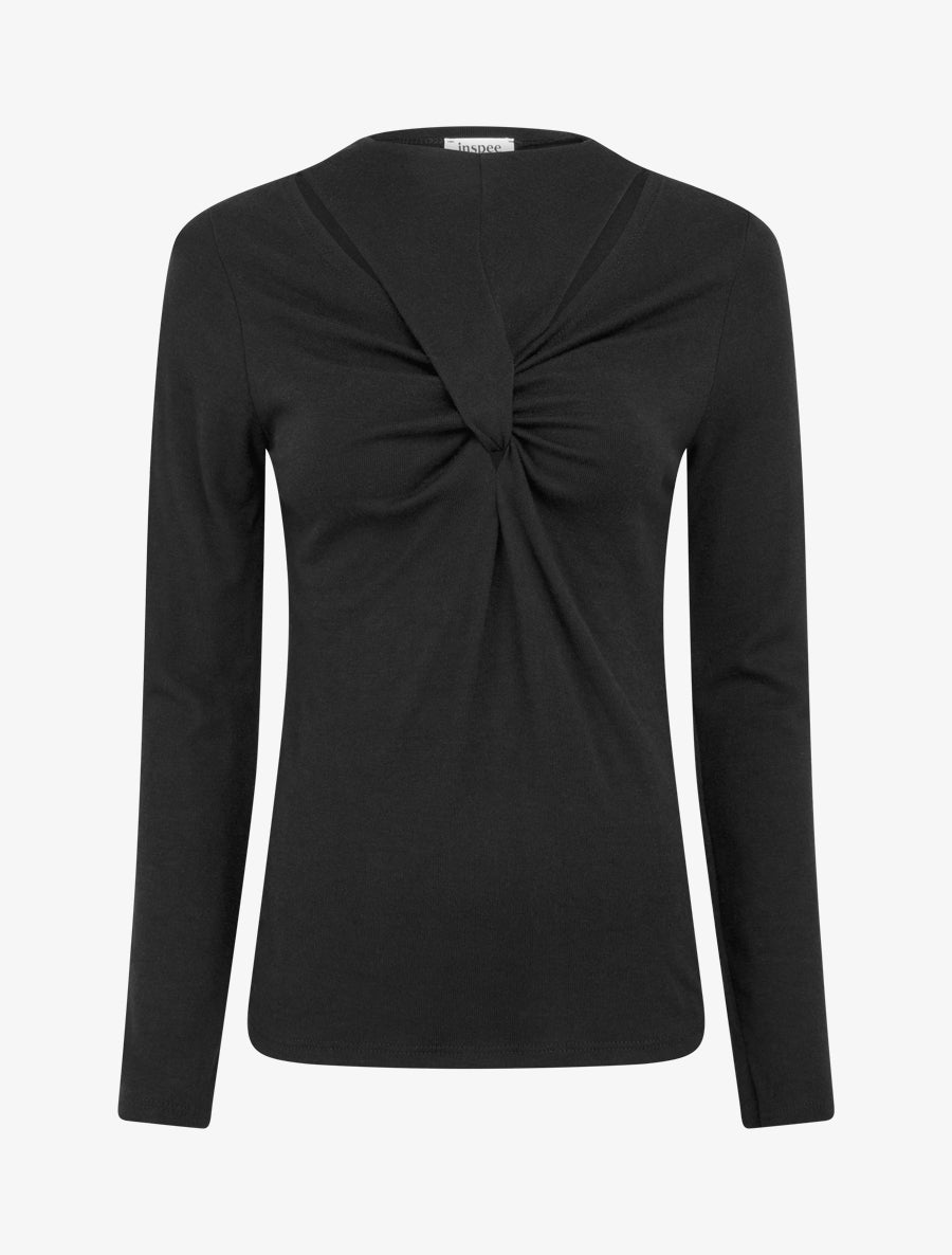 Pull fin uni à col fantaisie - Noir - 1