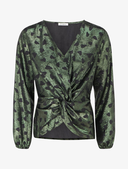 Blouse irisée élastiquée à motifs coeurs - Kaki - 1