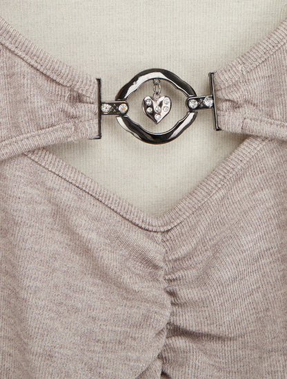Pull fin à empiècement bijou strassé - Taupe - 3