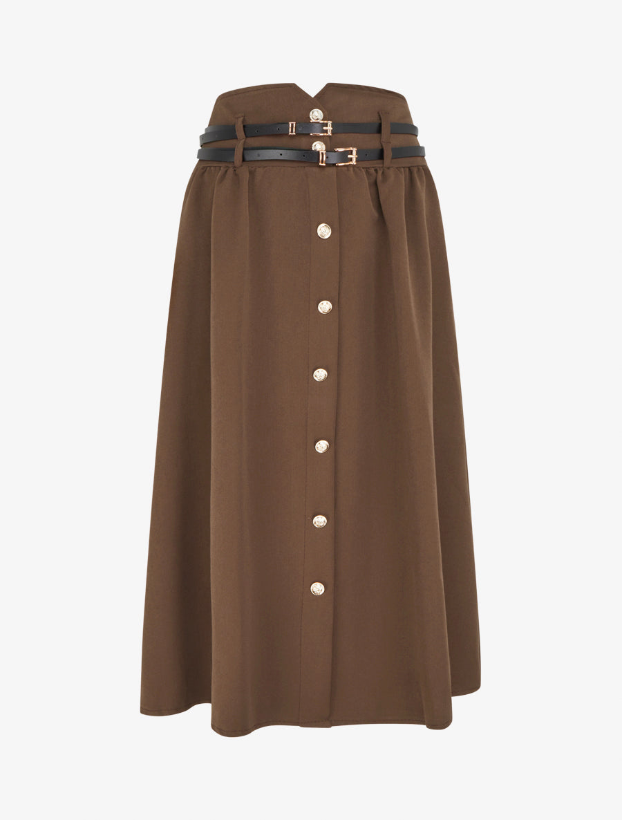 Jupe midi à double ceinture - Marron - 1