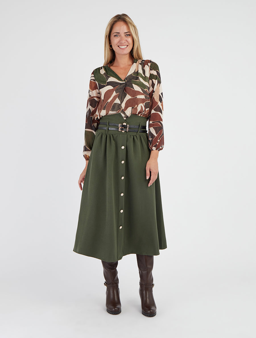 Jupe midi à double ceinture - Kaki - 8