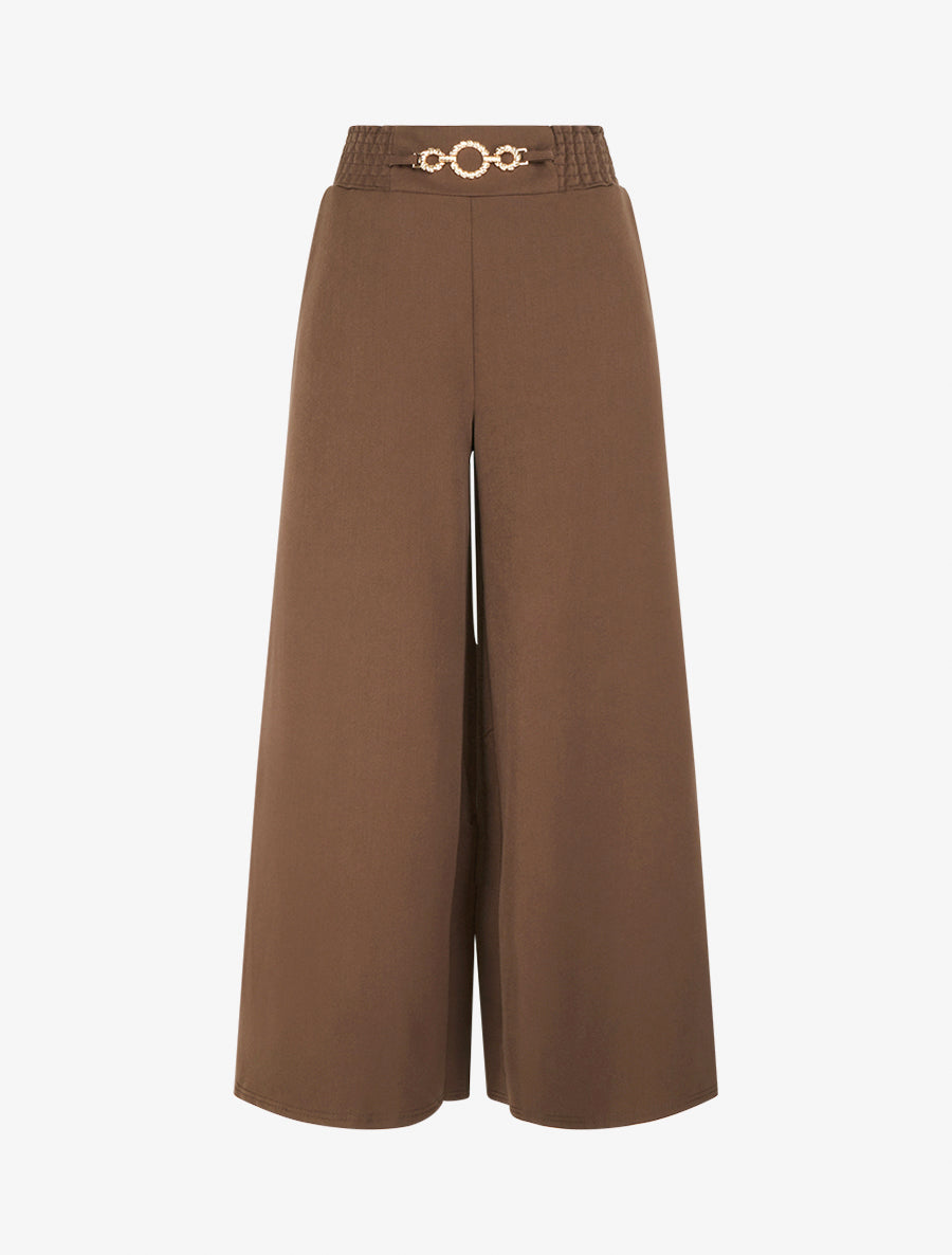 Pantalon palazzo taille froncée à anneaux - Marron - 1