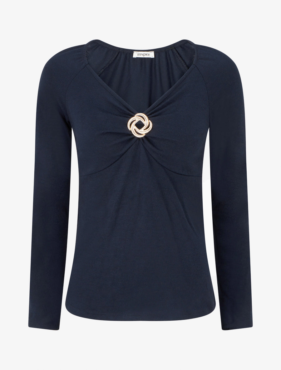 Pull fin uni à empiècement bijou - Marine - 1