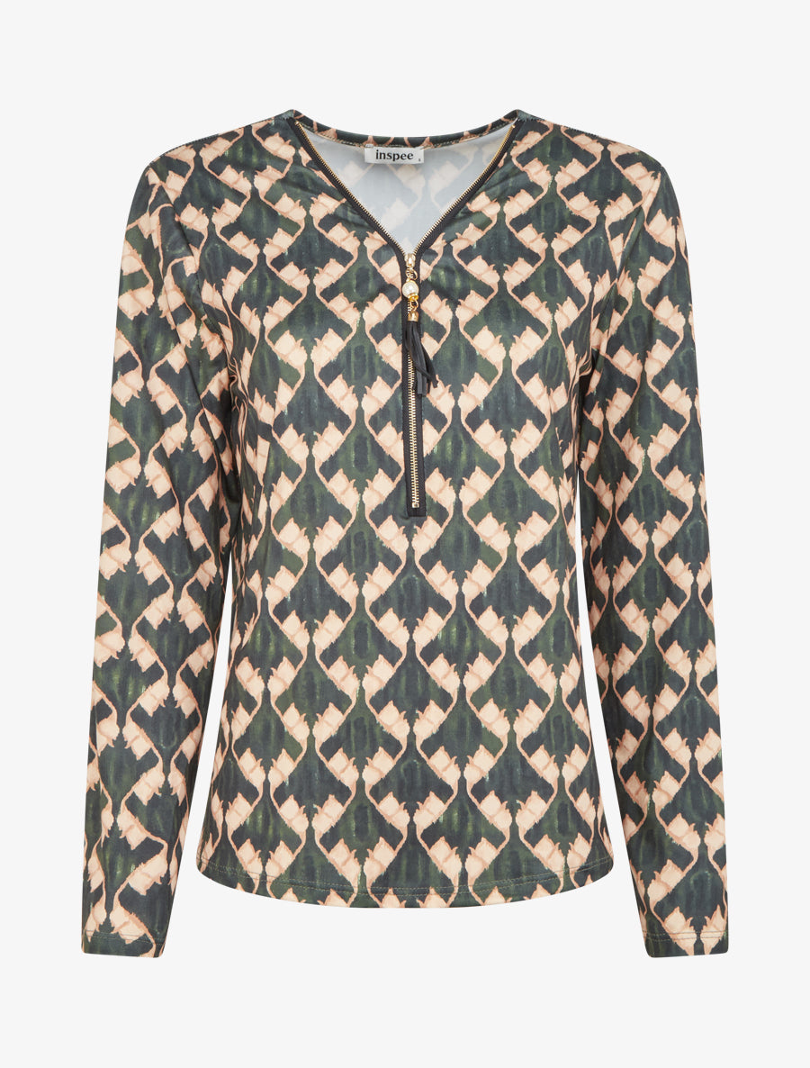 Blouse imprimé fantaisie à col zippée - Vert sapin - 1