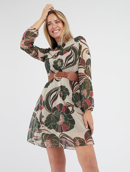 Iridescente jurk met bloemenprint - Kaki