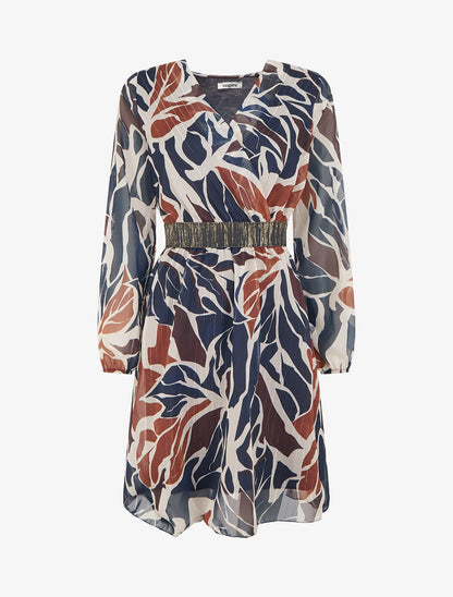 Robe cintrée en voile imprimé abstrait - Marine - 1