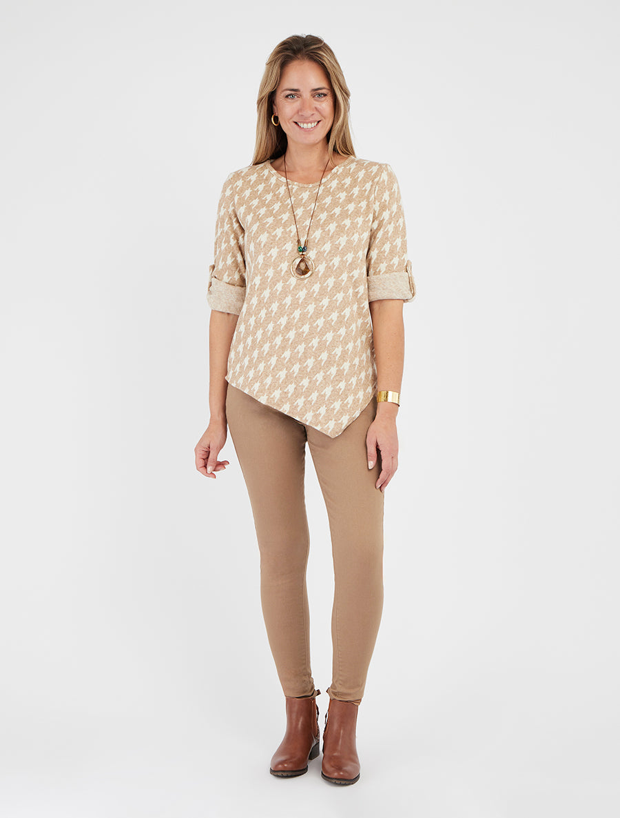 Asymmetrische dunne trui met pied-de-pouleprint - Beige