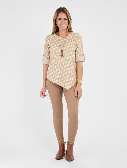 Asymmetrische dunne trui met pied-de-pouleprint - Beige