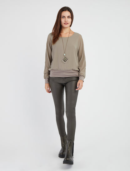 Effen blouse van voile met lange mouwen - Grijs