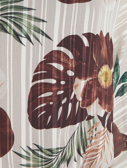 Blouse en voile imprimé feuillage à détail irisé - Marron - 3