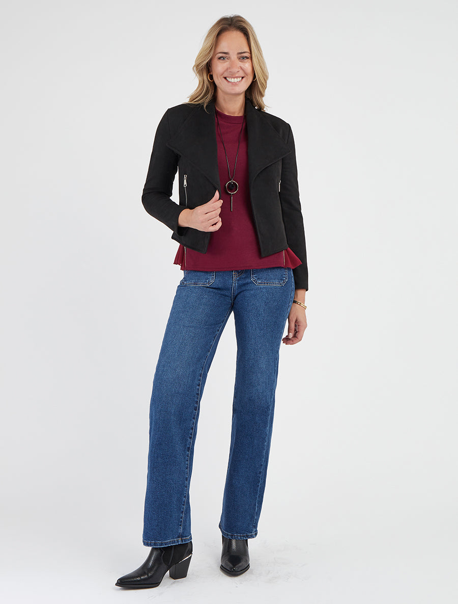 Suède jasje met decoratieve ritszakken - Zwart