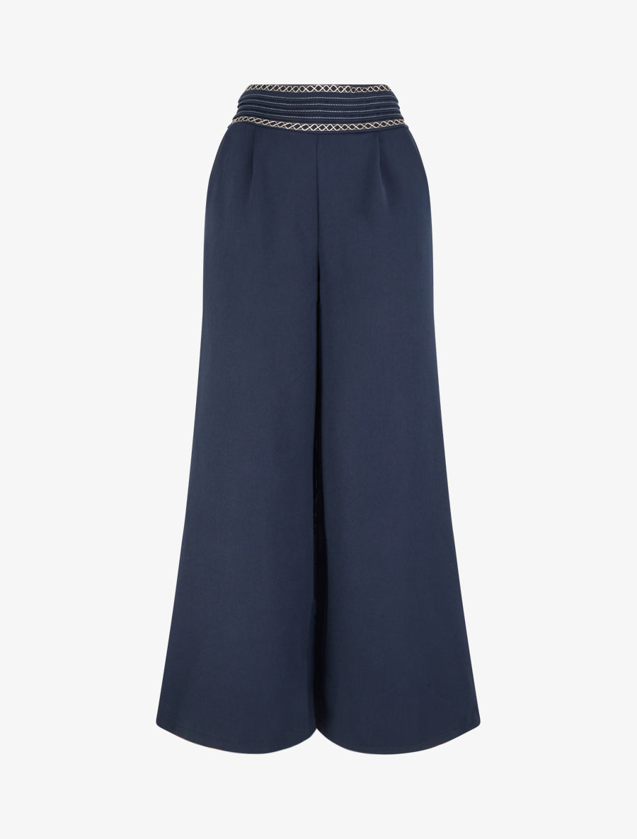 Pantalon ample uni à détail brodé - Marine - 1