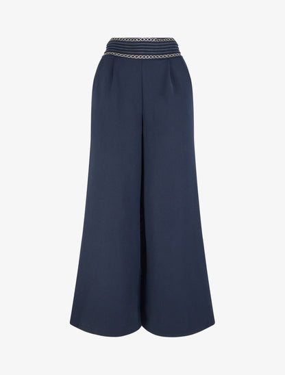 Pantalon ample uni à détail brodé - Marine - 1
