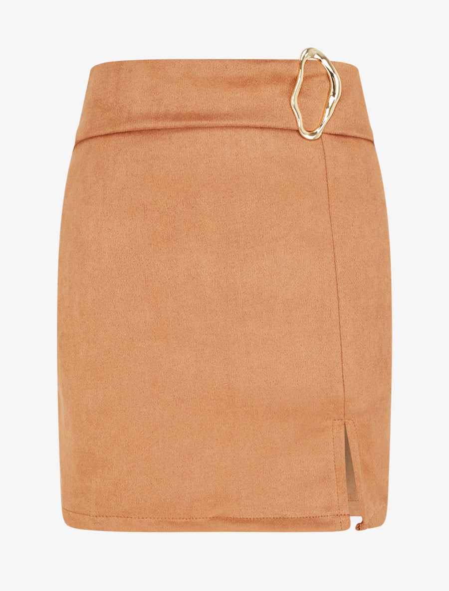 Jupe droite en suédine à boucle - Camel - 1