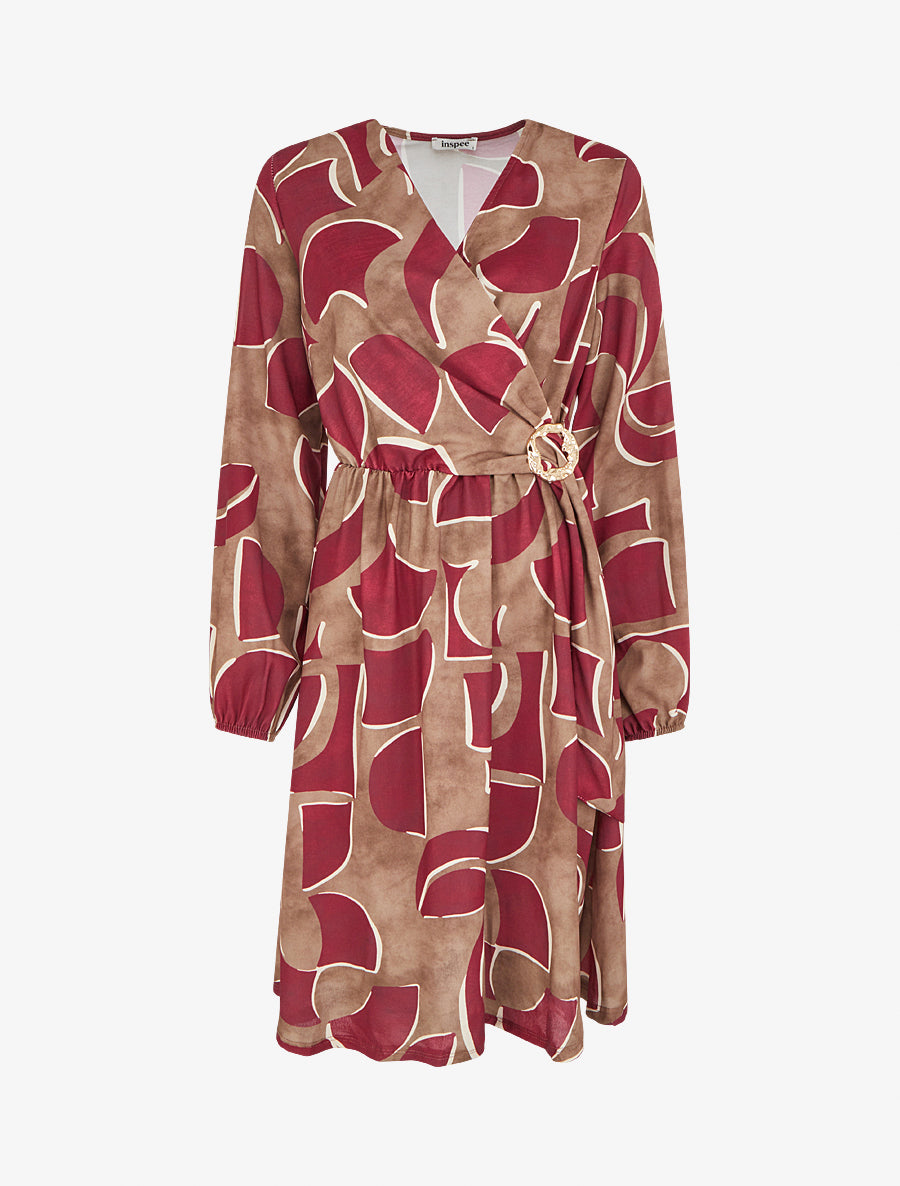Robe élastiquée imprimé abstrait - Bordeaux - 1