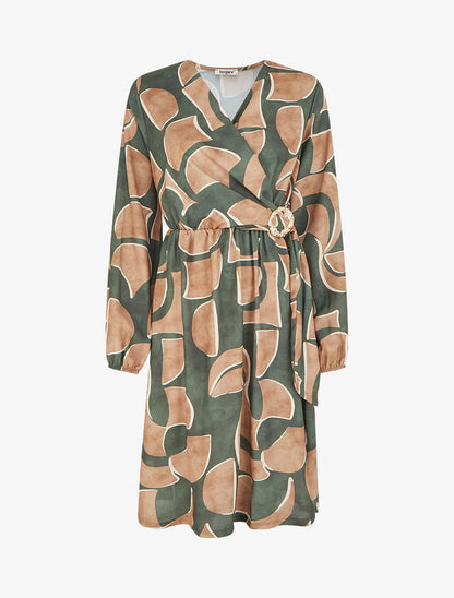 Robe élastiquée imprimé abstrait - Kaki - 1