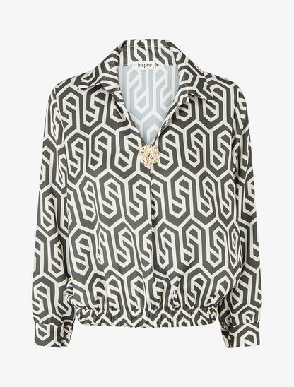 Blouse satinée imprimé rétro - Kaki - 1