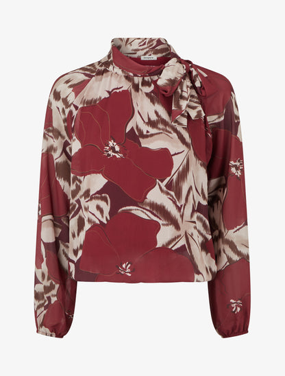 Blouse en voile imprimé floral à nouer - Lie de vin - 1