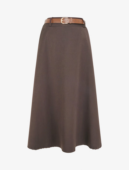 Jupe mi-longue unie ceinturée - Marron - 1