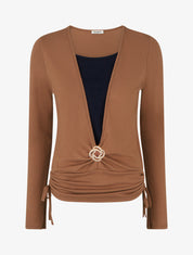 Pull à bords froncés et boucle décorative - Camel - 1