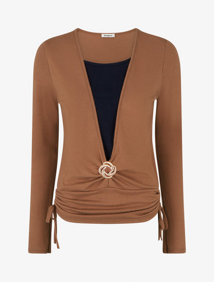 Pull à bords froncés et boucle décorative - Camel - 1