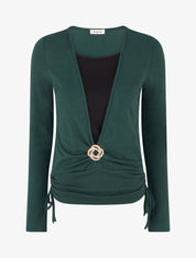 Pull à bords froncés et boucle décorative - Vert foncé - 1