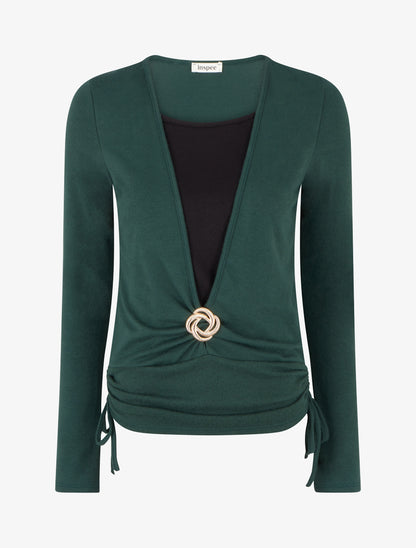 Pull à bords froncés et boucle décorative - Vert foncé - 1