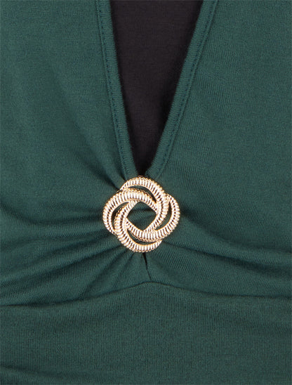 Pull à bords froncés et boucle décorative - Vert foncé - 3