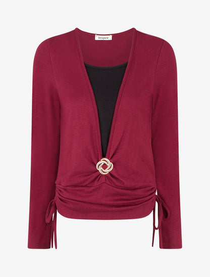 Pull à bords froncés et boucle décorative - Lie de vin - 1