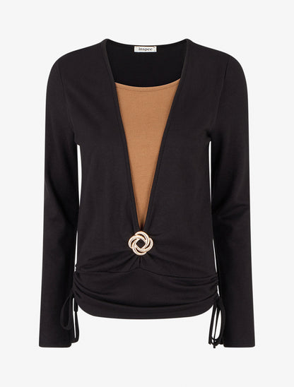 Pull à bords froncés et boucle décorative - Noir - 1