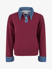 Pull uni à empiècement denim - Lie de vin - 1
