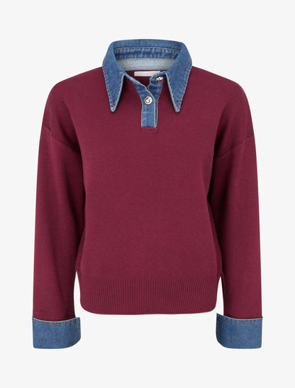 Pull uni à empiècement denim - Lie de vin - 1