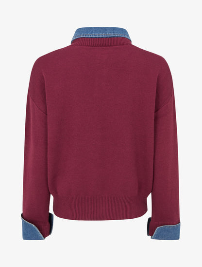Pull uni à empiècement denim - Lie de vin - 2