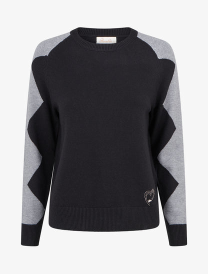 Pull à détail coeur et bijou strassé - Noir - 1