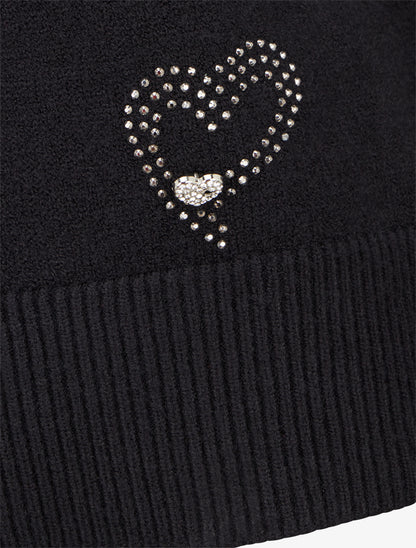 Pull à détail coeur et bijou strassé - Noir - 3