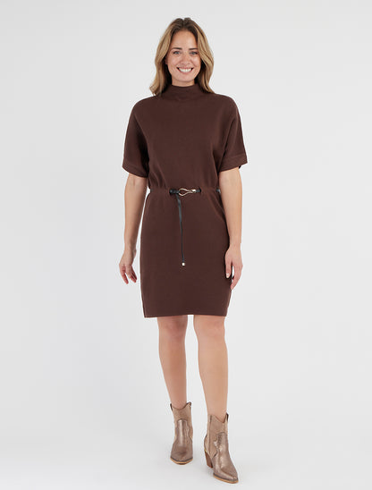 Rechte trui-jurk met korte mouwen - Bruin
