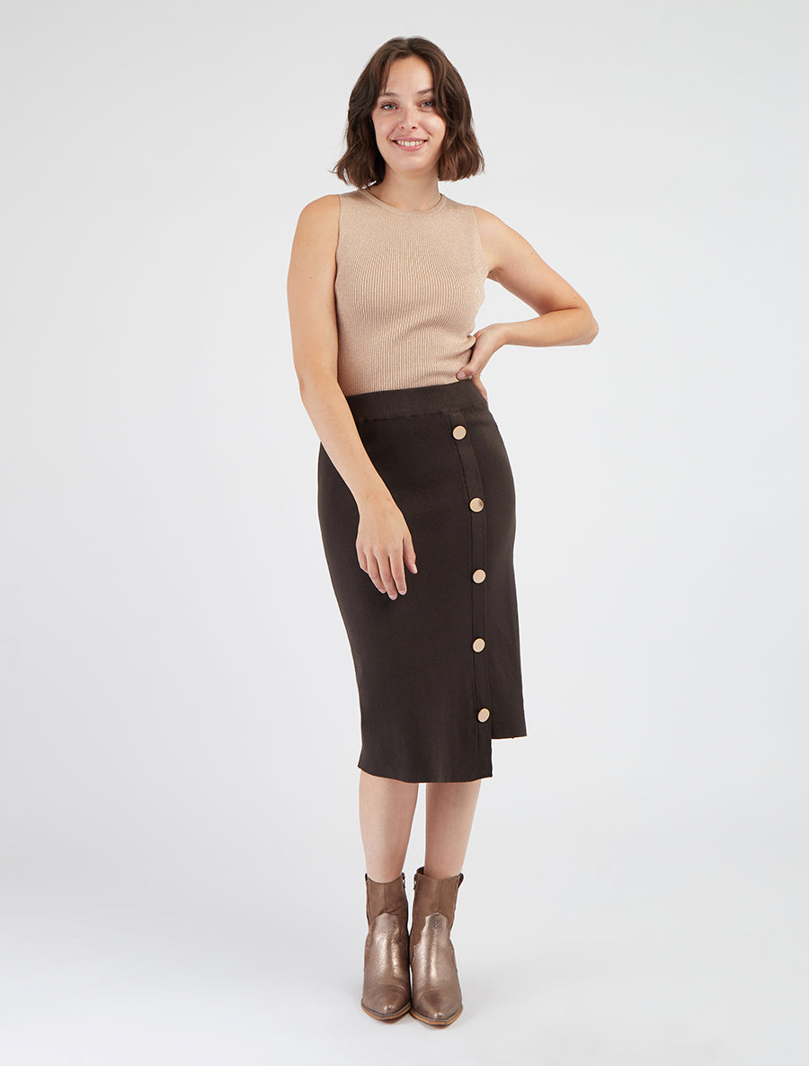Asymmetrische gebreide effen rok - Donkerbruin