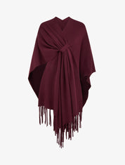 Poncho long uni à franges - Prune - 1