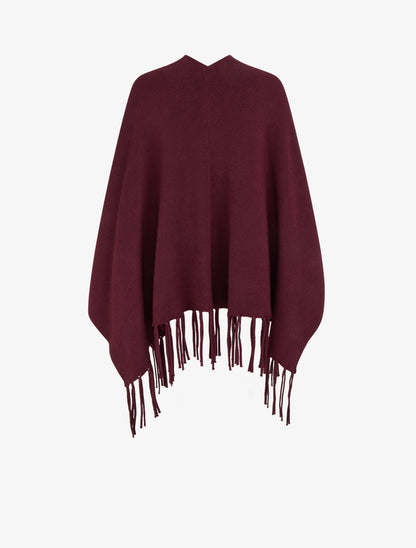 Poncho long uni à franges - Prune - 2