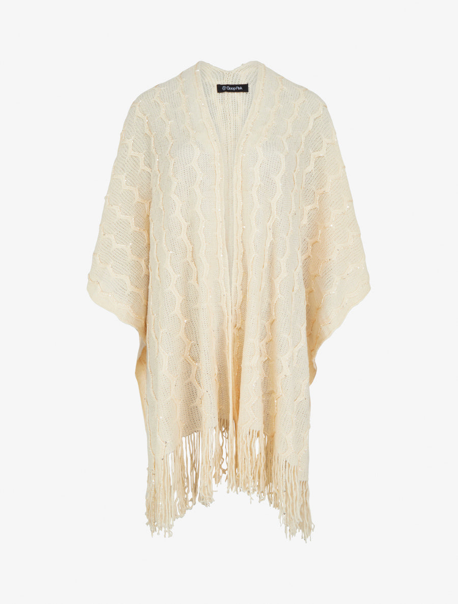 Poncho mi-long uni à franges et sequins - Beige - 1
