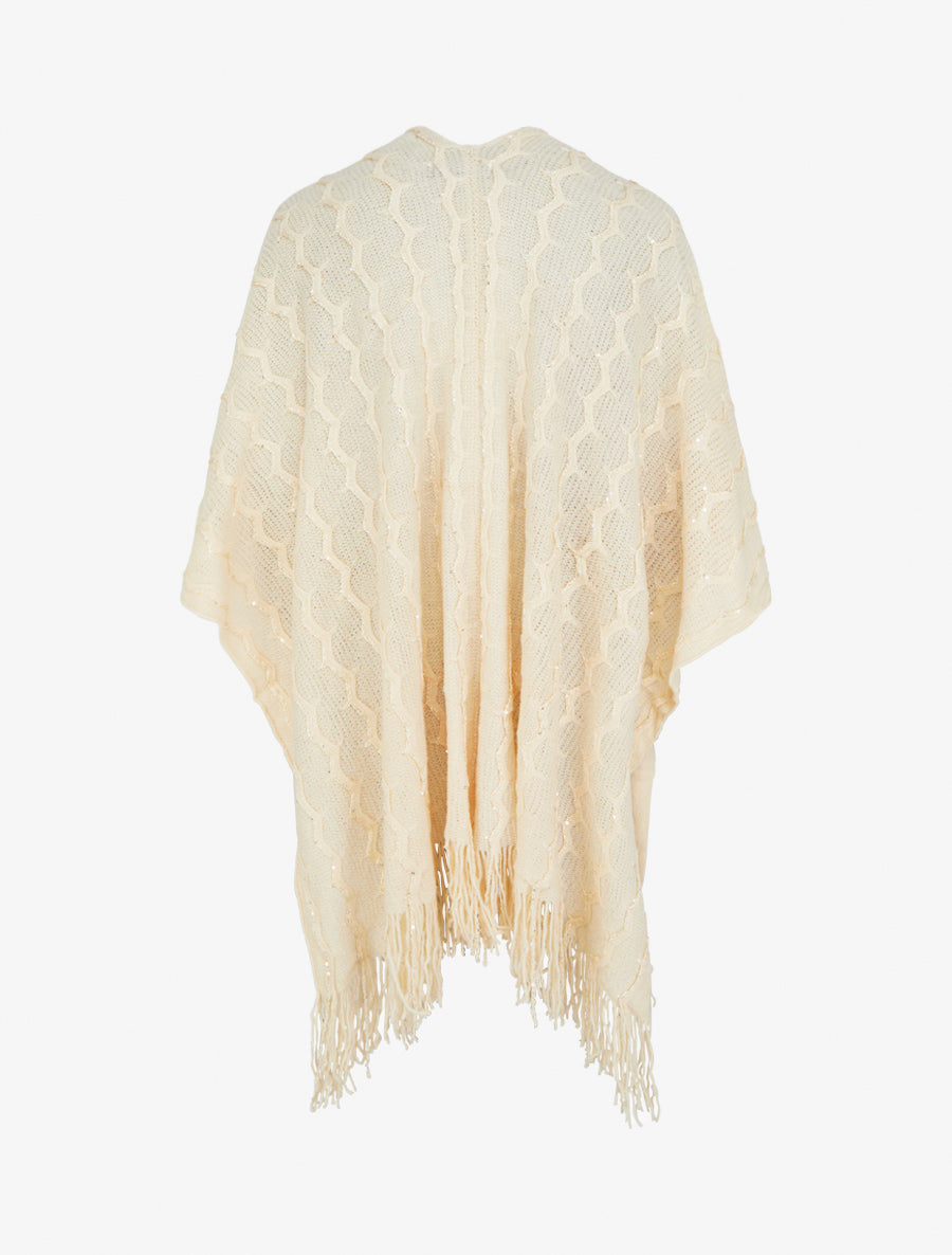 Poncho mi-long uni à franges et sequins - Beige - 2
