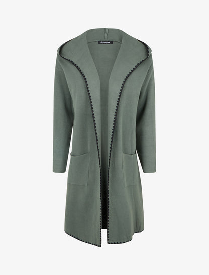 Gilet long à capuche et liseré brodé - Kaki - 1