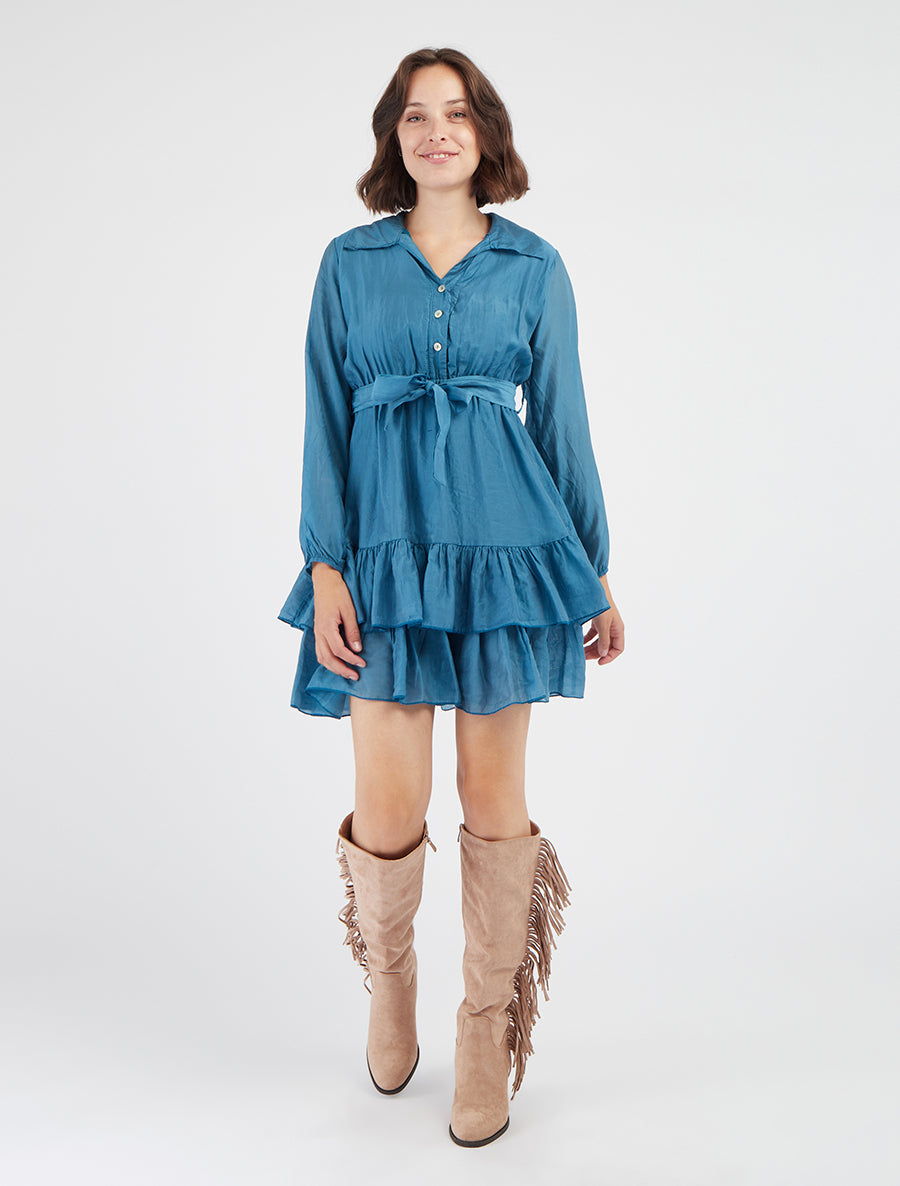 Korte jurk met ruches - Blauw