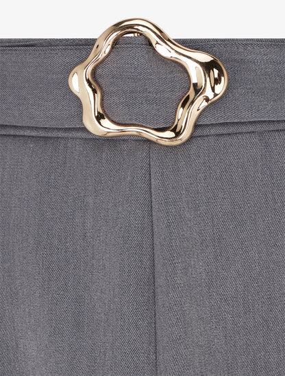 Jupe mi-longue unie à empiècement bijou - Gris - 3