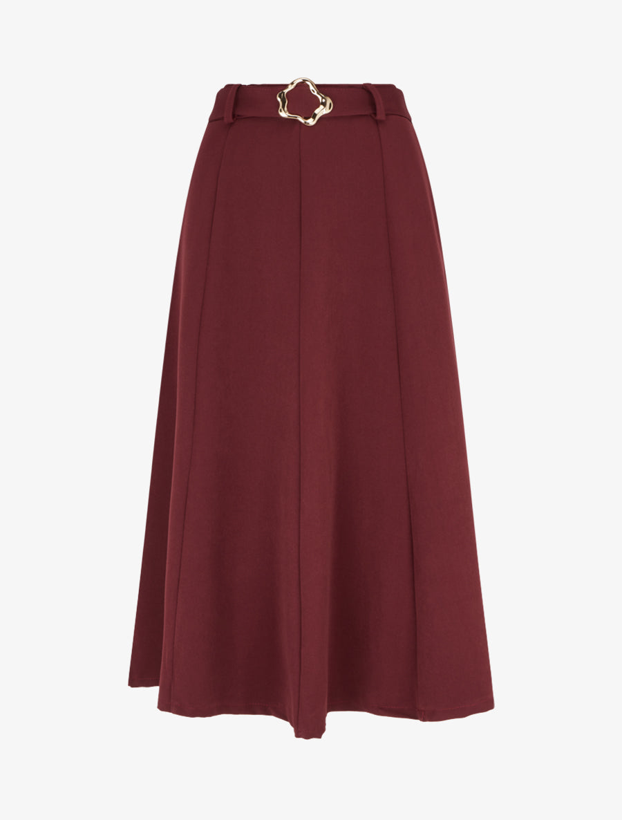 Jupe mi-longue unie à empiècement bijou - Lie de vin - 1