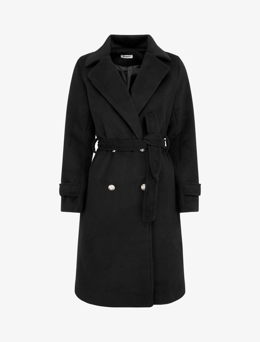 Manteau long uni à bouton décoratif - Noir - 1