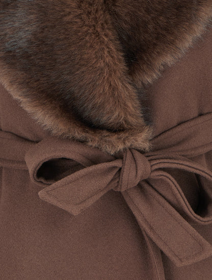 Manteau long à col en fourrure synthétique - Marron - 3
