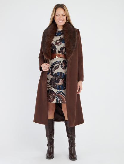 Lange jas met kraag van imitatiebont - Bruin